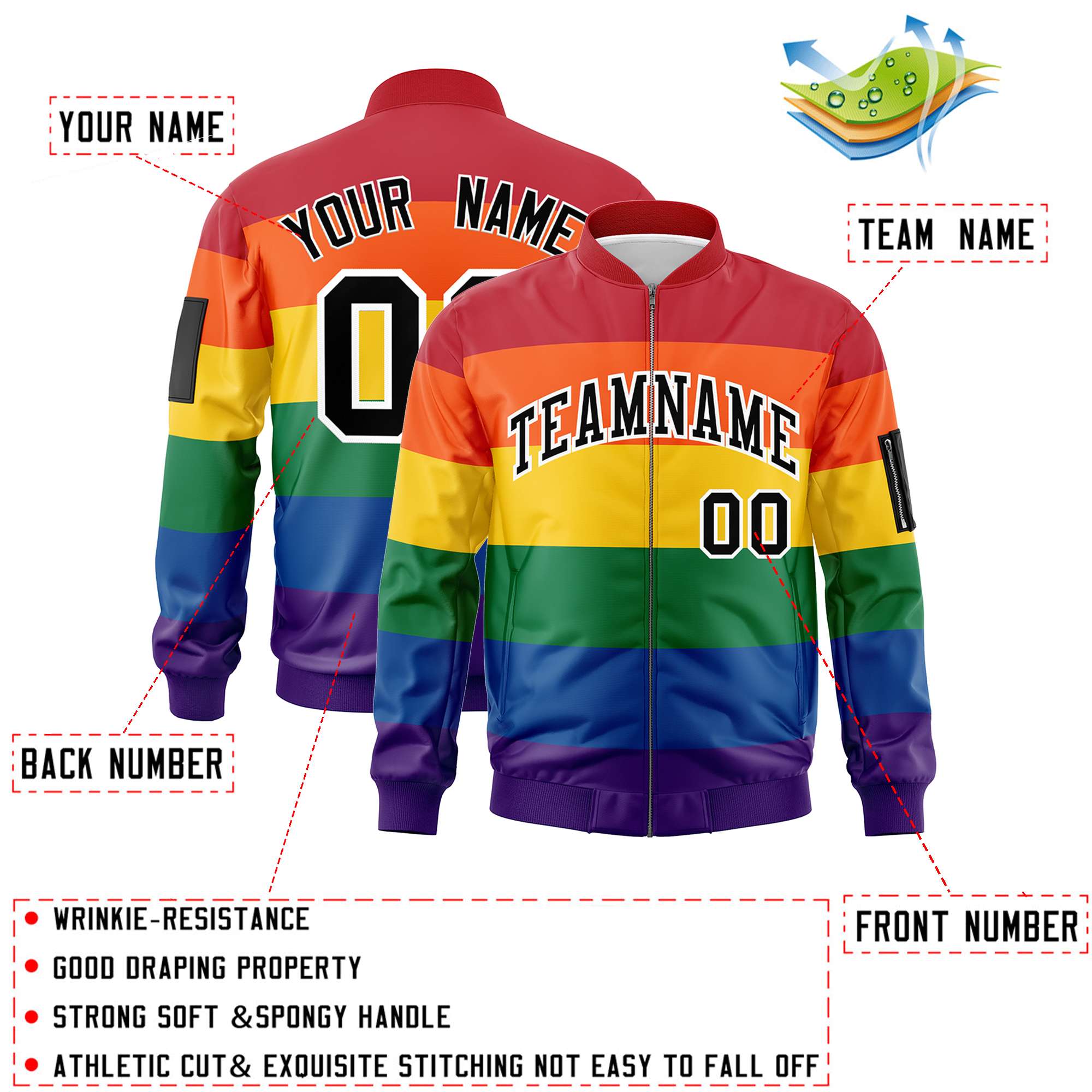 Custom LGBT Rainbow For Pride Month Full-Snap Color Block Letterman Bomber Jacket