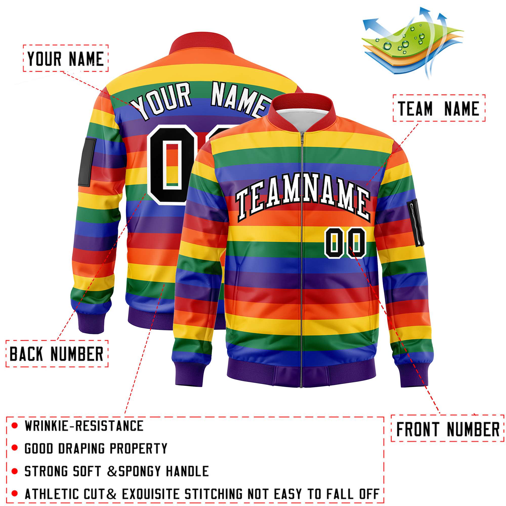 Custom LGBT Rainbow For Pride Month Full-Snap Color Block Letterman Bomber Jacket