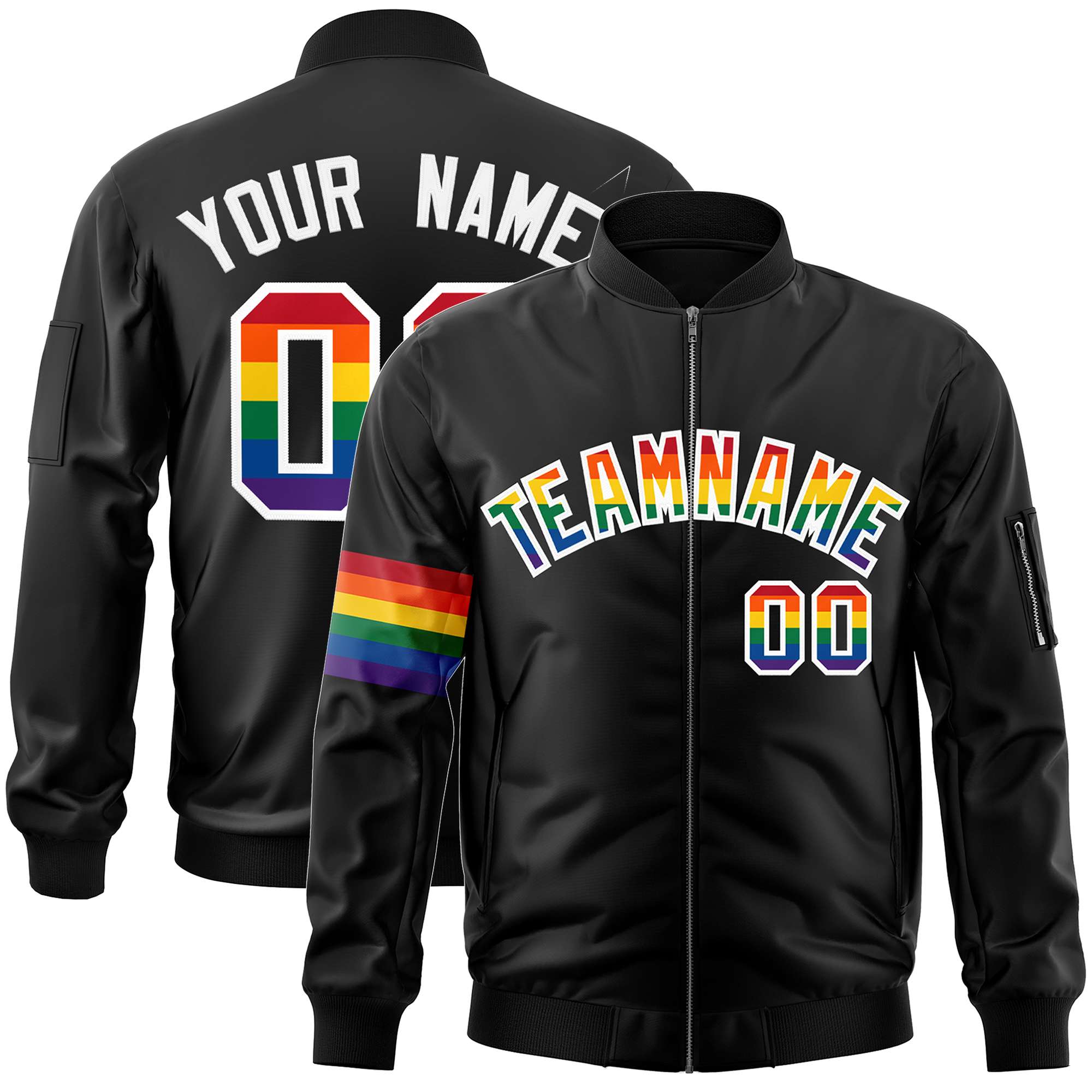 Custom Black LGBT Rainbow For Pride Month Classic Style Letterman Bomber Jacket