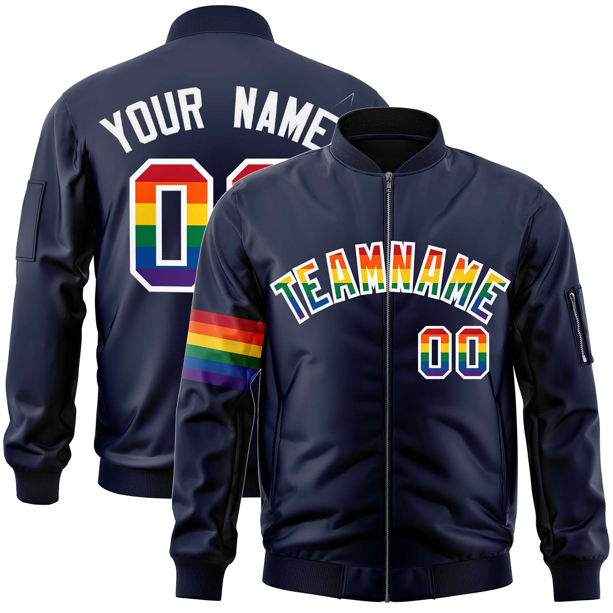 Custom Navy LGBT Rainbow For Pride Month Classic Style Letterman Bomber Jacket