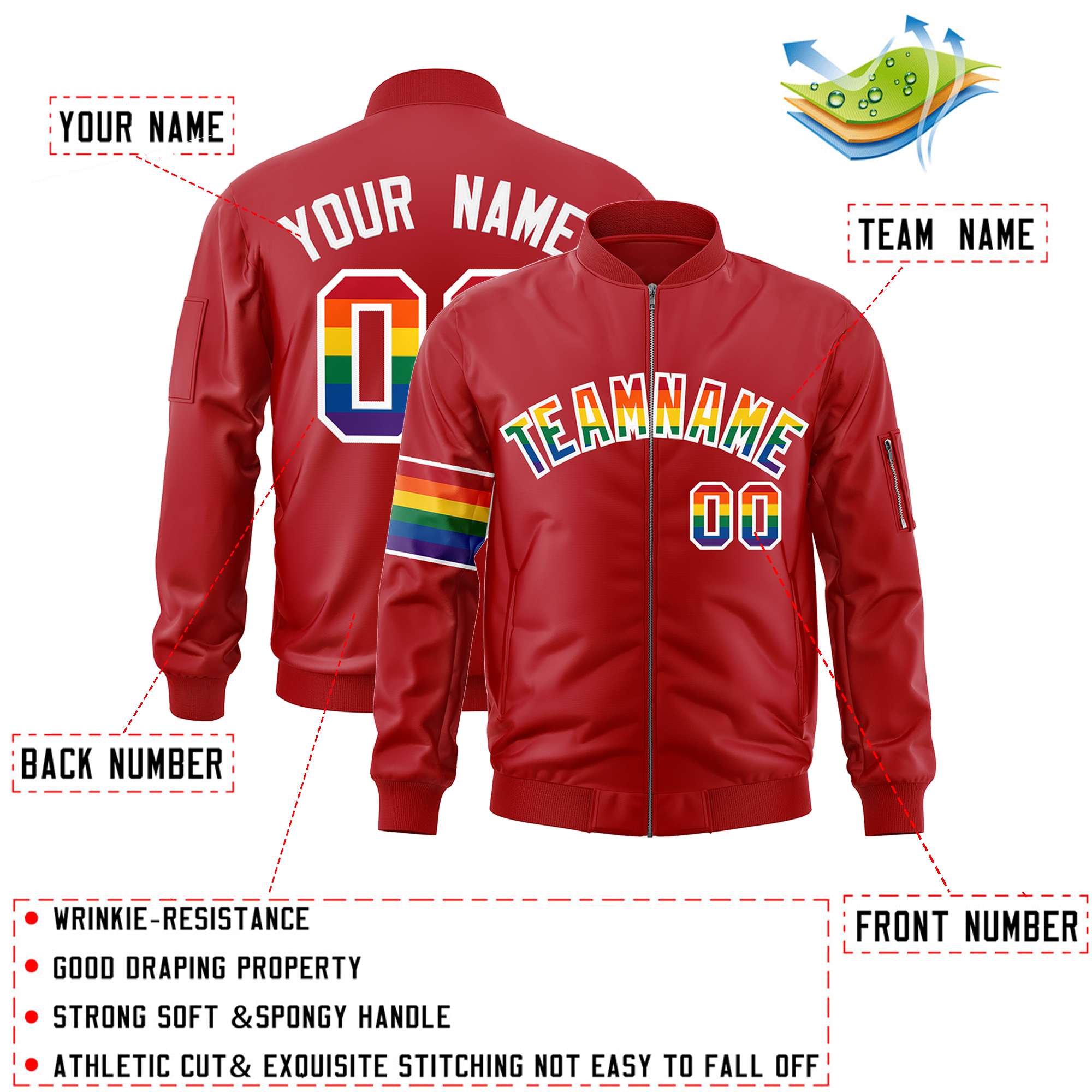 Custom Red LGBT Rainbow For Pride Month Classic Style Letterman Bomber Jacket