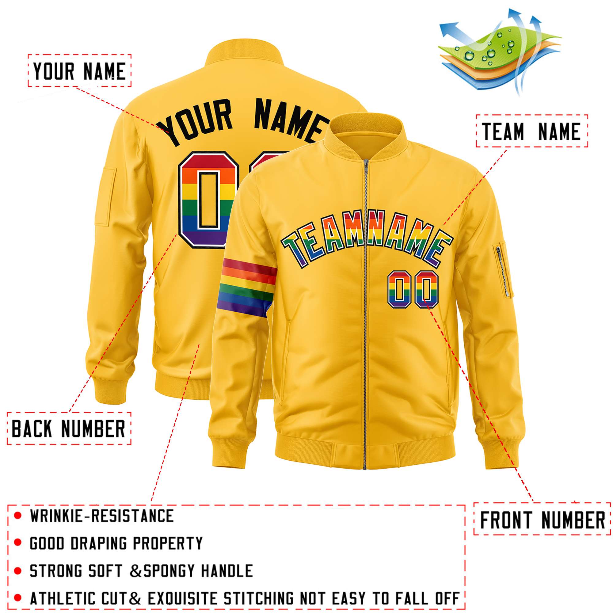 Custom Gold LGBT Rainbow For Pride Month Classic Style Letterman Bomber Jacket