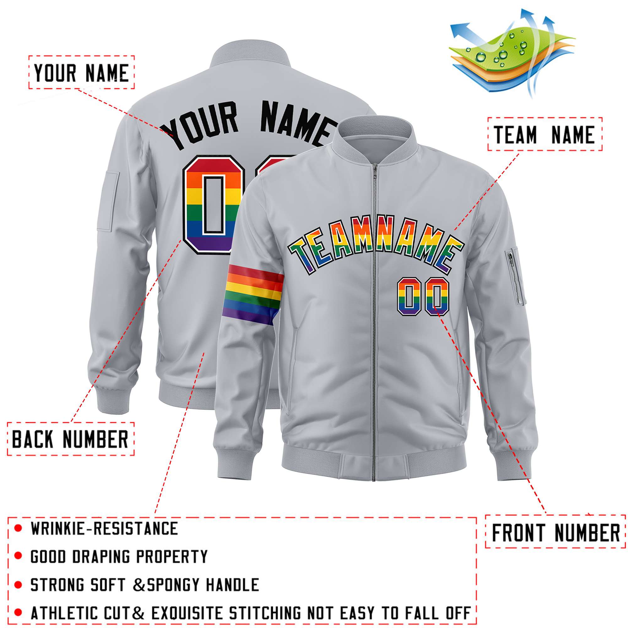 Custom Light Gray LGBT Rainbow For Pride Month Classic Style Letterman Bomber Jacket