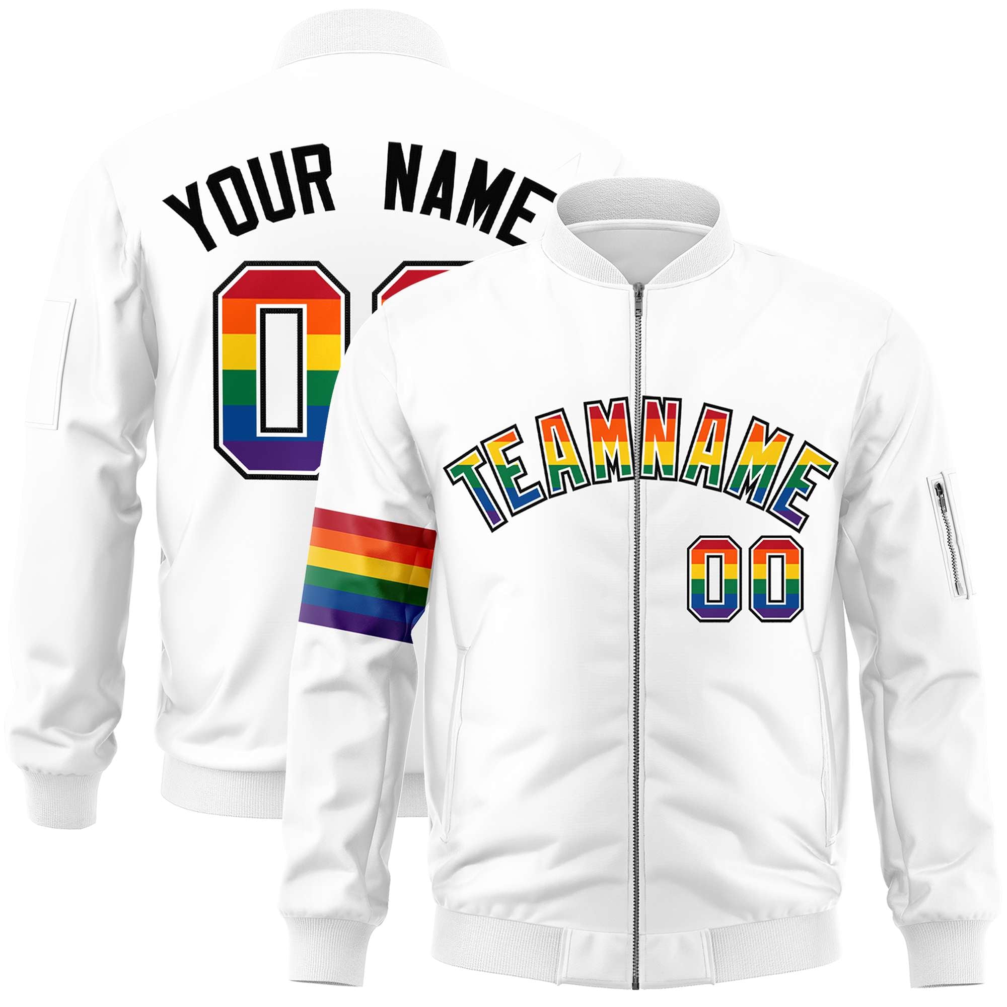 Custom White LGBT Rainbow For Pride Month Classic Style Letterman Bomber Jacket