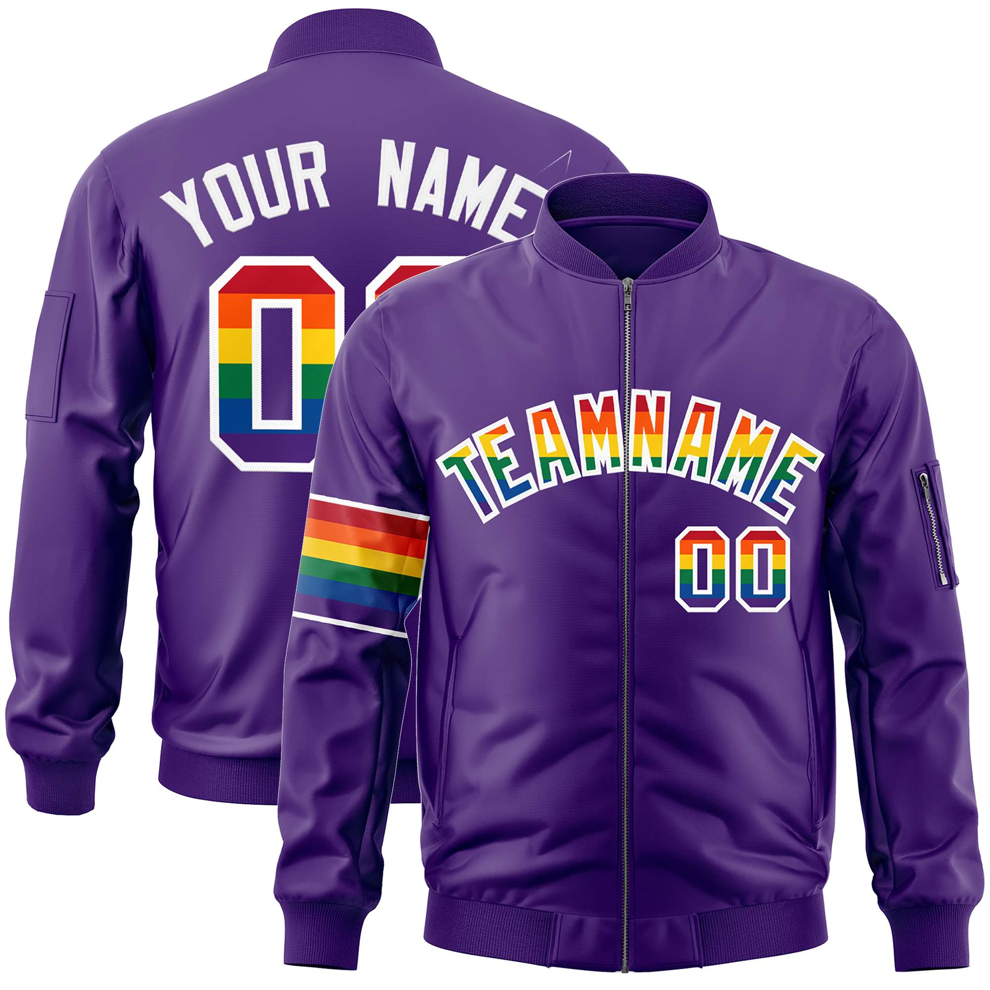 Custom Purple LGBT Rainbow For Pride Month Classic Style Letterman Bomber Jacket