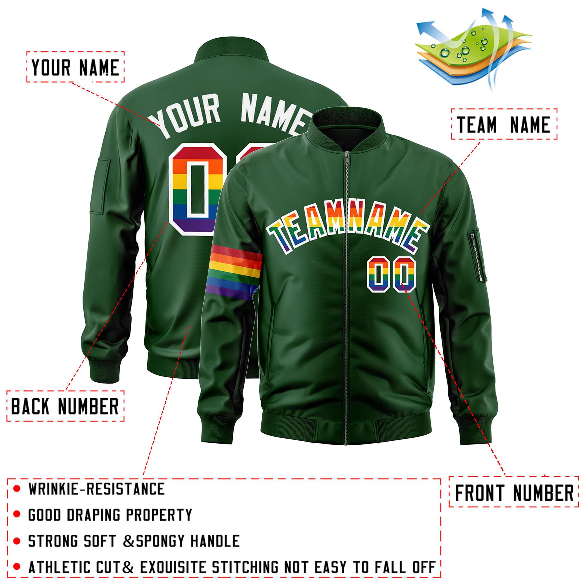 Custom Green LGBT Rainbow For Pride Month Classic Style Letterman Bomber Jacket