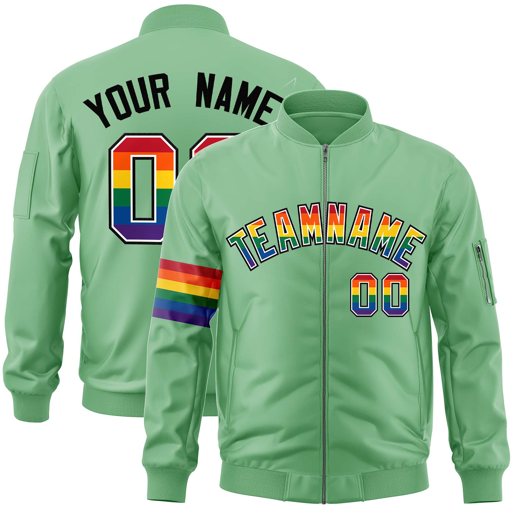 Custom Light Green LGBT Rainbow For Pride Month Classic Style Letterman Bomber Jacket