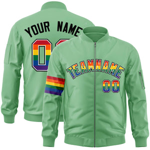 Custom Light Green LGBT Rainbow For Pride Month Classic Style Letterman Bomber Jacket