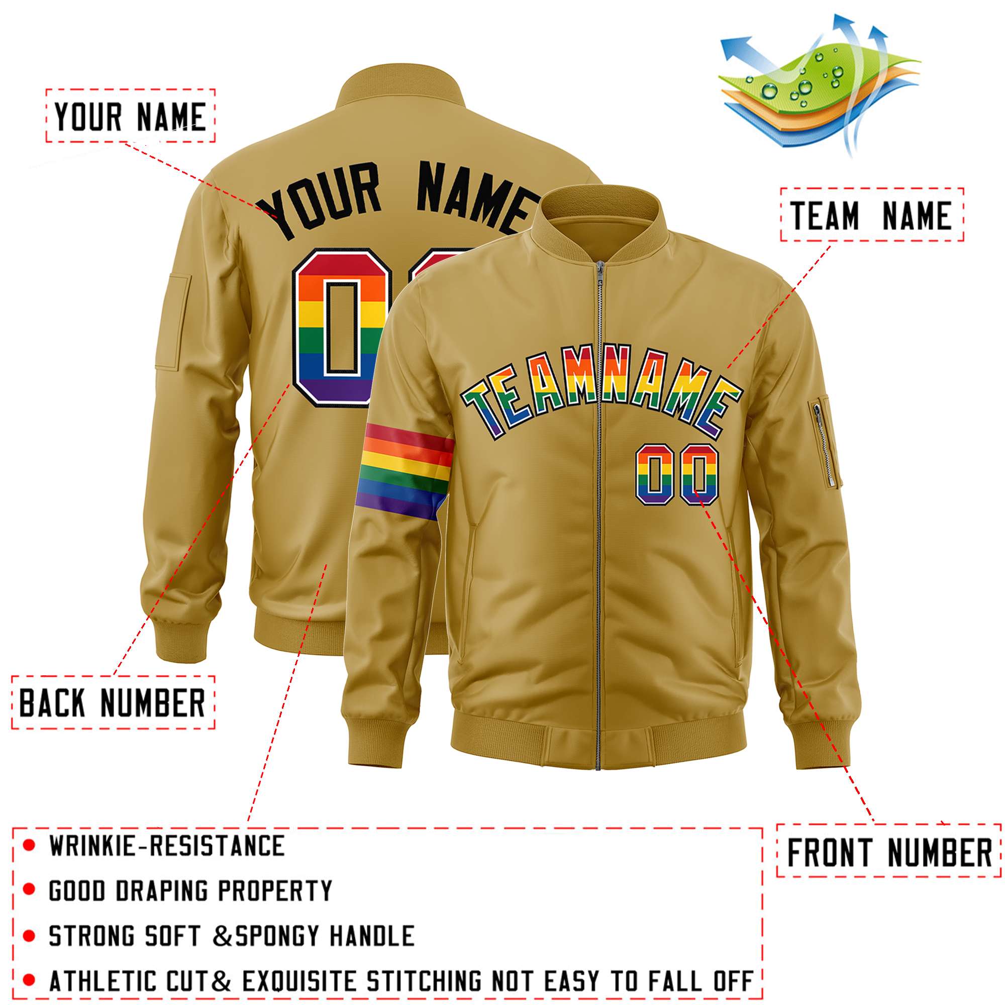 Custom Old Gold LGBT Rainbow For Pride Month Classic Style Letterman Bomber Jacket