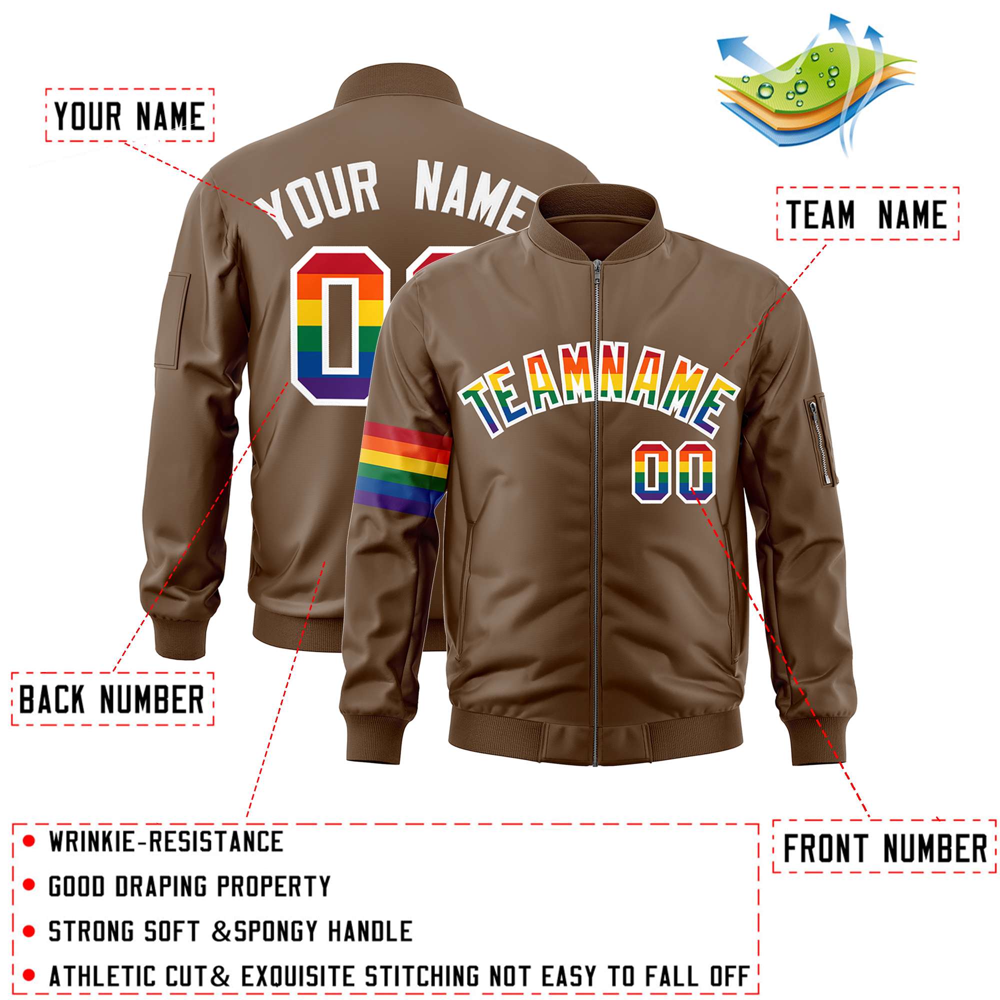 Custom Light Brown LGBT Rainbow For Pride Month Classic Style Letterman Bomber Jacket