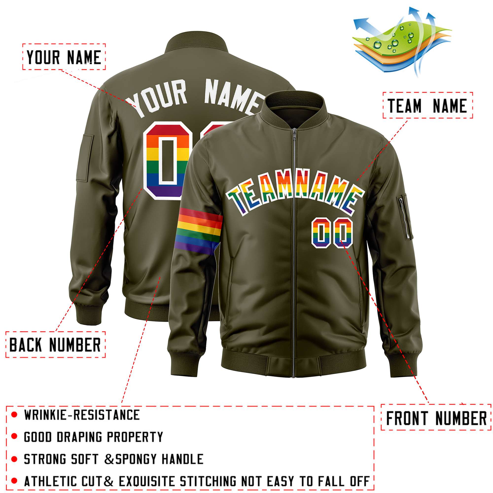 Custom Olive LGBT Rainbow For Pride Month Classic Style Letterman Bomber Jacket