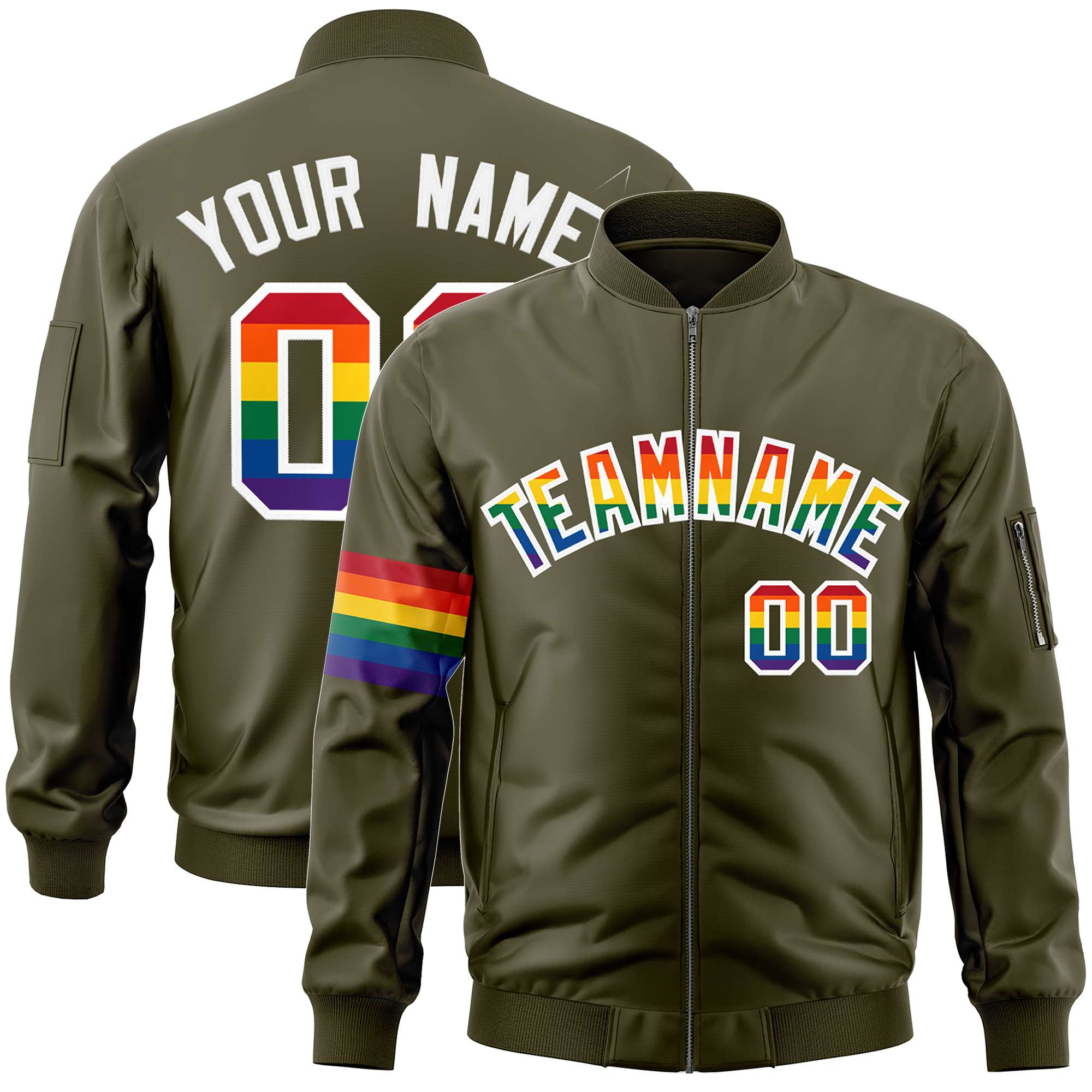 Custom Olive LGBT Rainbow For Pride Month Classic Style Letterman Bomber Jacket