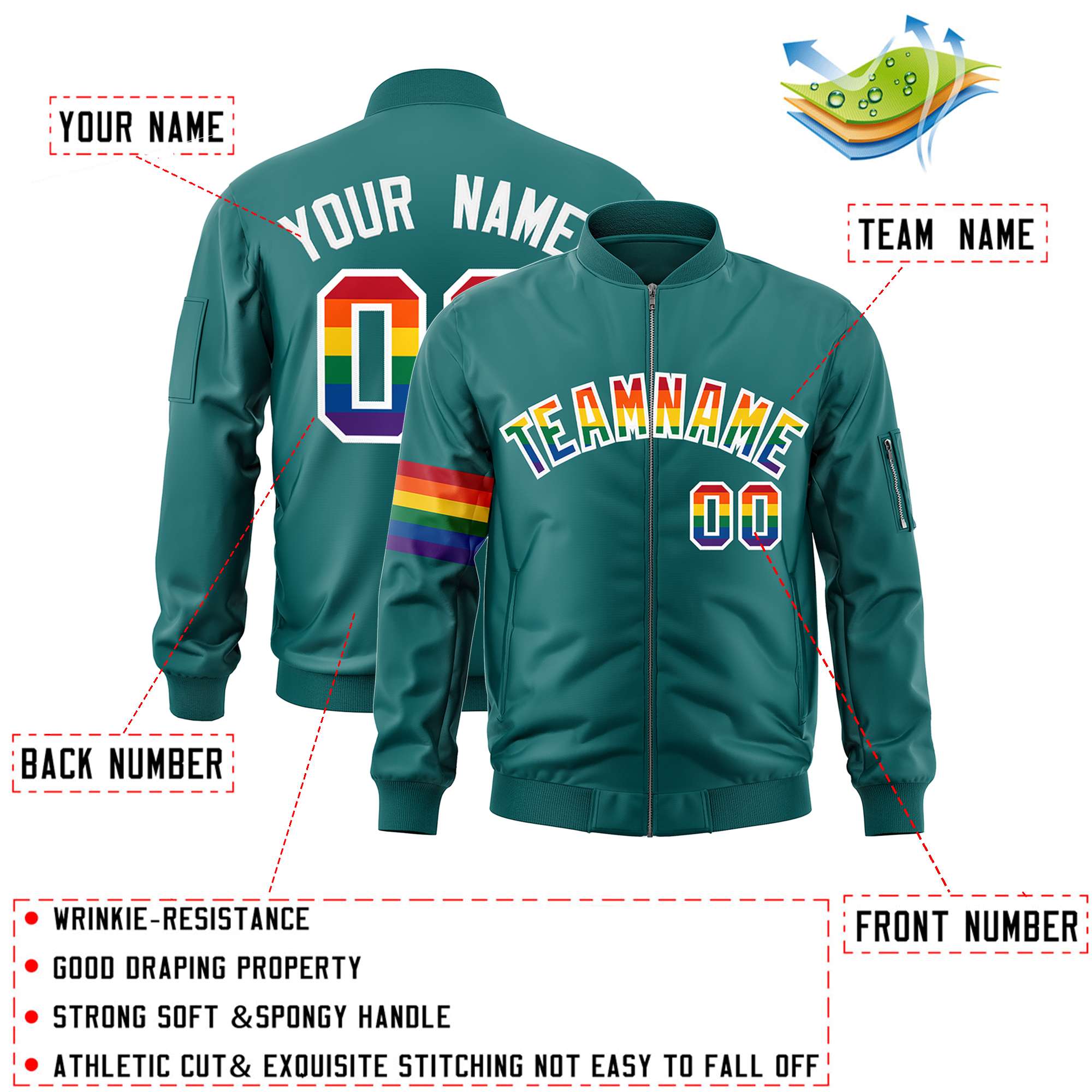 Custom Aqua LGBT Rainbow For Pride Month Classic Style Letterman Bomber Jacket