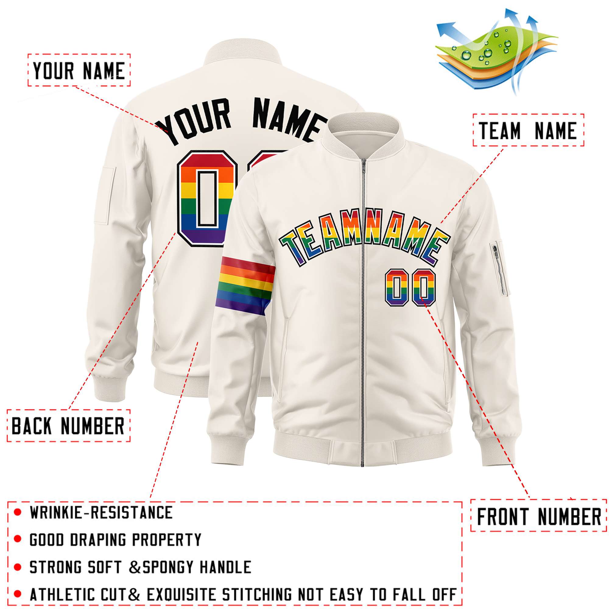 Custom Cream LGBT Rainbow For Pride Month Classic Style Letterman Bomber Jacket