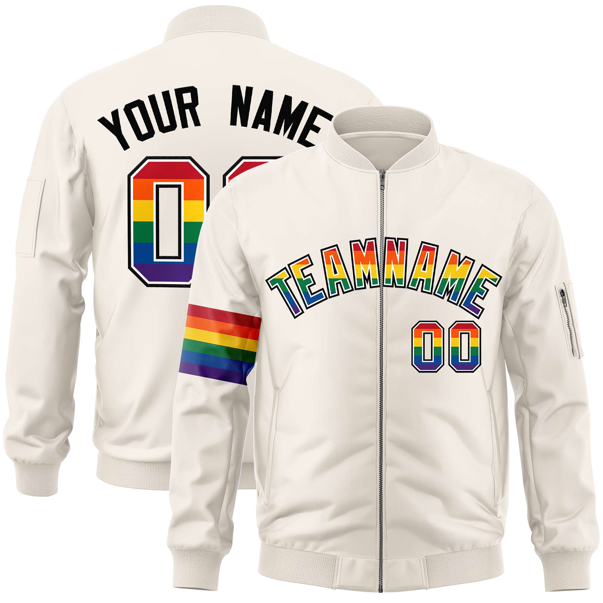 Custom Cream LGBT Rainbow For Pride Month Classic Style Letterman Bomber Jacket