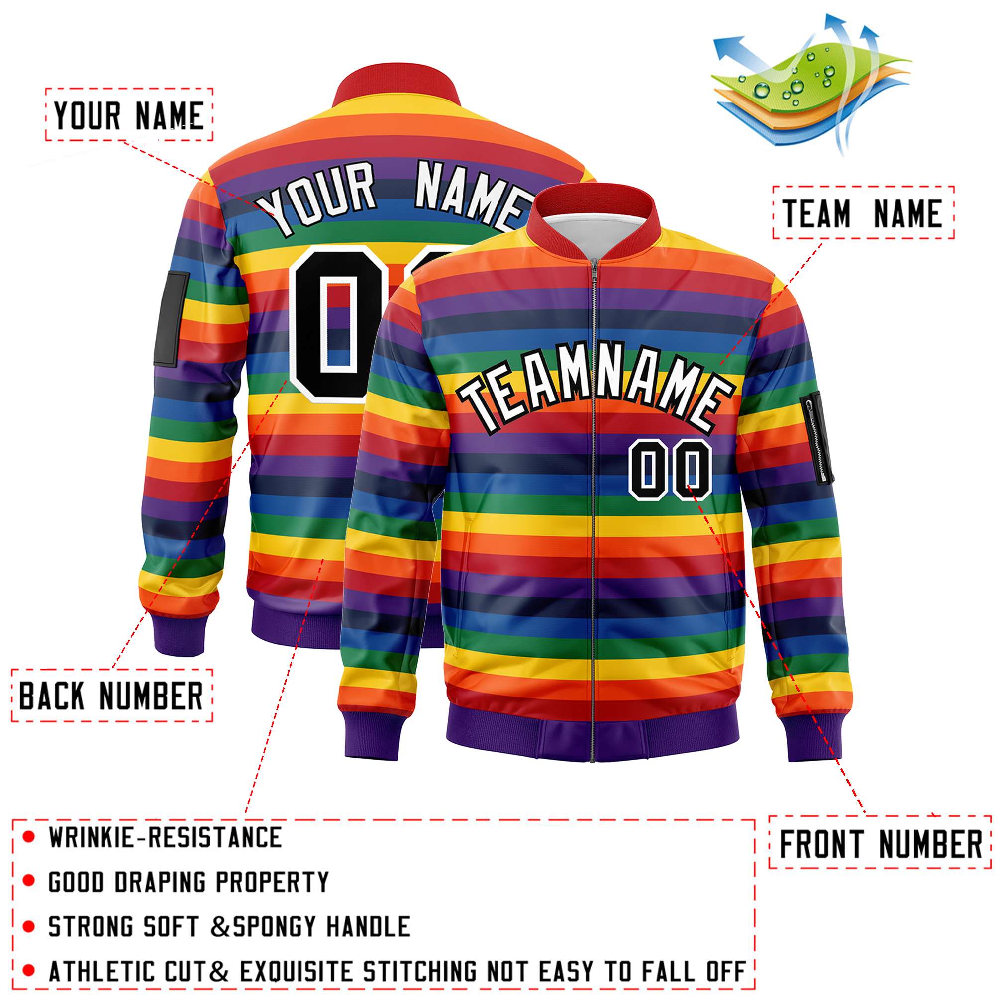 Custom LGBT Rainbow For Pride Month Full-Snap Color Block Letterman Bomber Jacket