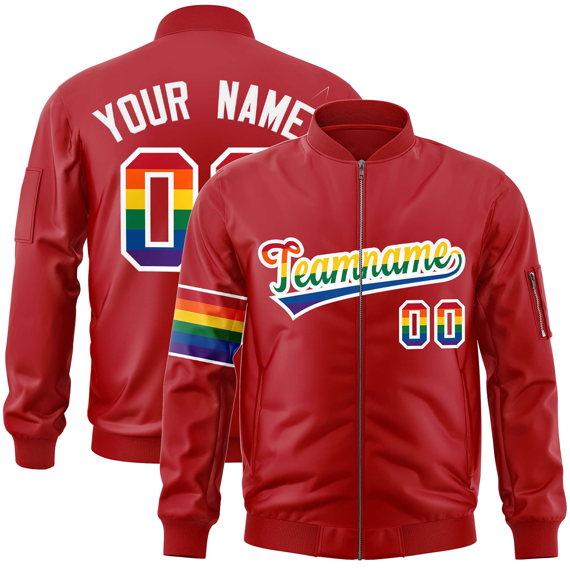 Custom Red LGBT Rainbow For Pride Month Classic Style Letterman Bomber Jacket