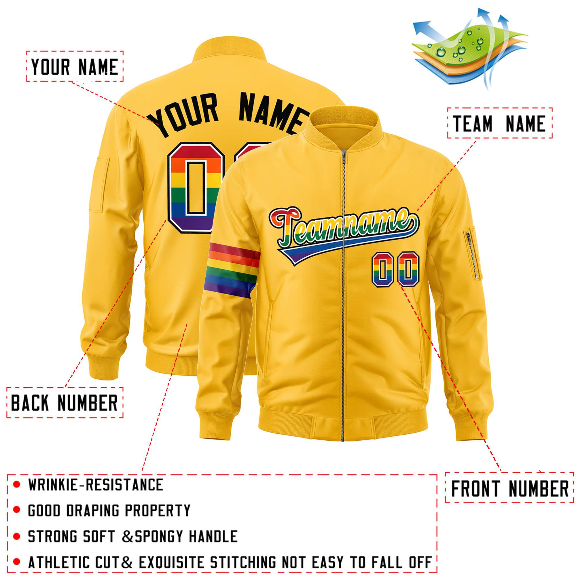 Custom Gold LGBT Rainbow For Pride Month Classic Style Letterman Bomber Jacket