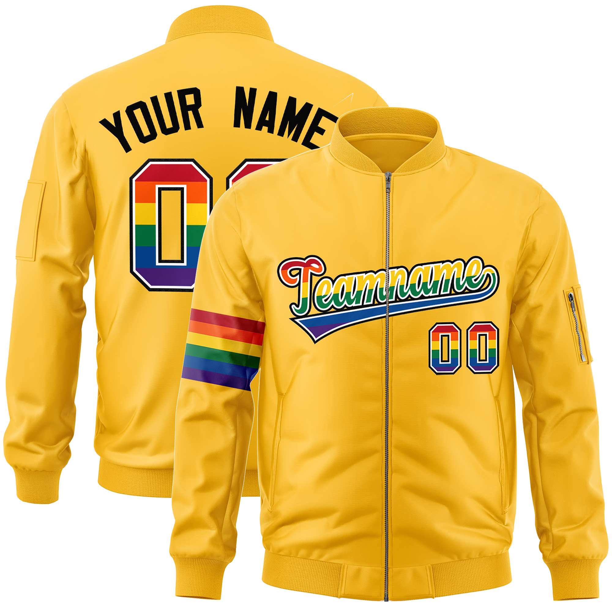 Custom Gold LGBT Rainbow For Pride Month Classic Style Letterman Bomber Jacket