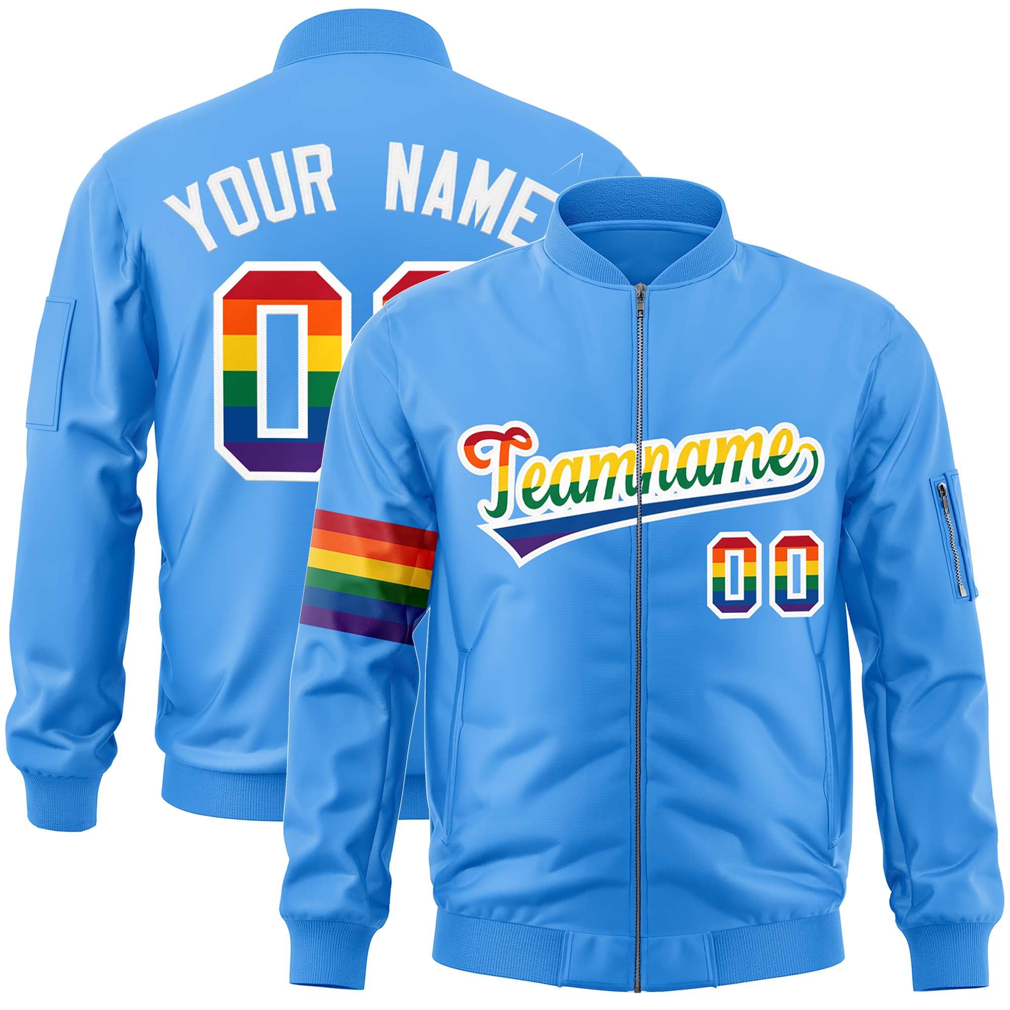 Custom Powder Blue LGBT Rainbow For Pride Month Classic Style Letterman Bomber Jacket