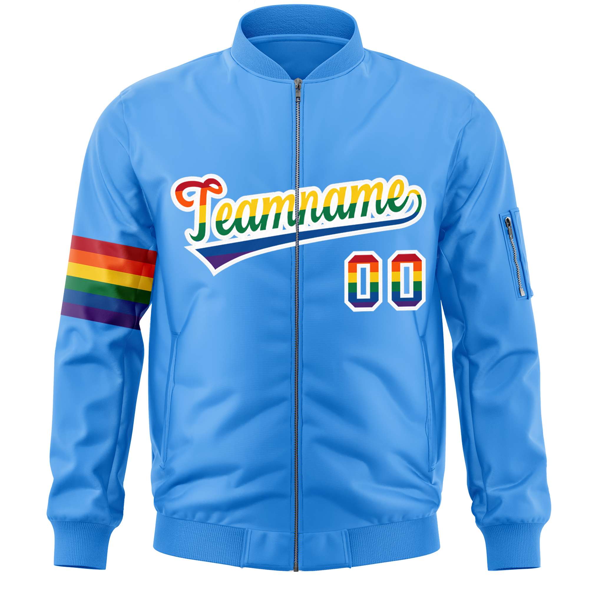 Custom Powder Blue LGBT Rainbow For Pride Month Classic Style Letterman Bomber Jacket