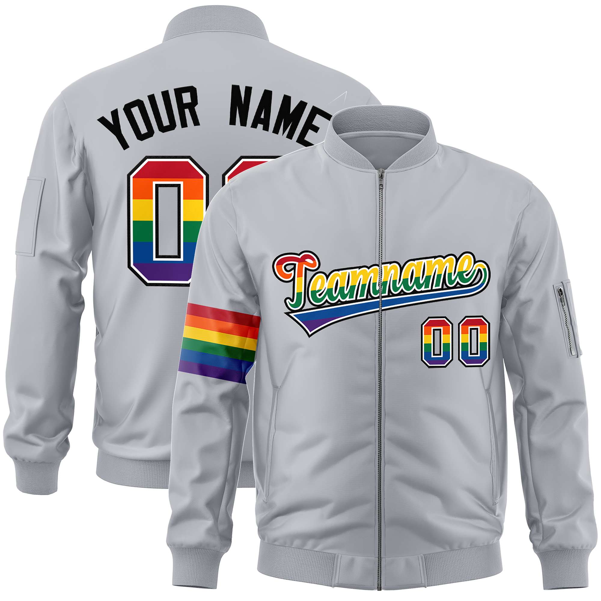 Custom Light Gray LGBT Rainbow For Pride Month Classic Style Letterman Bomber Jacket