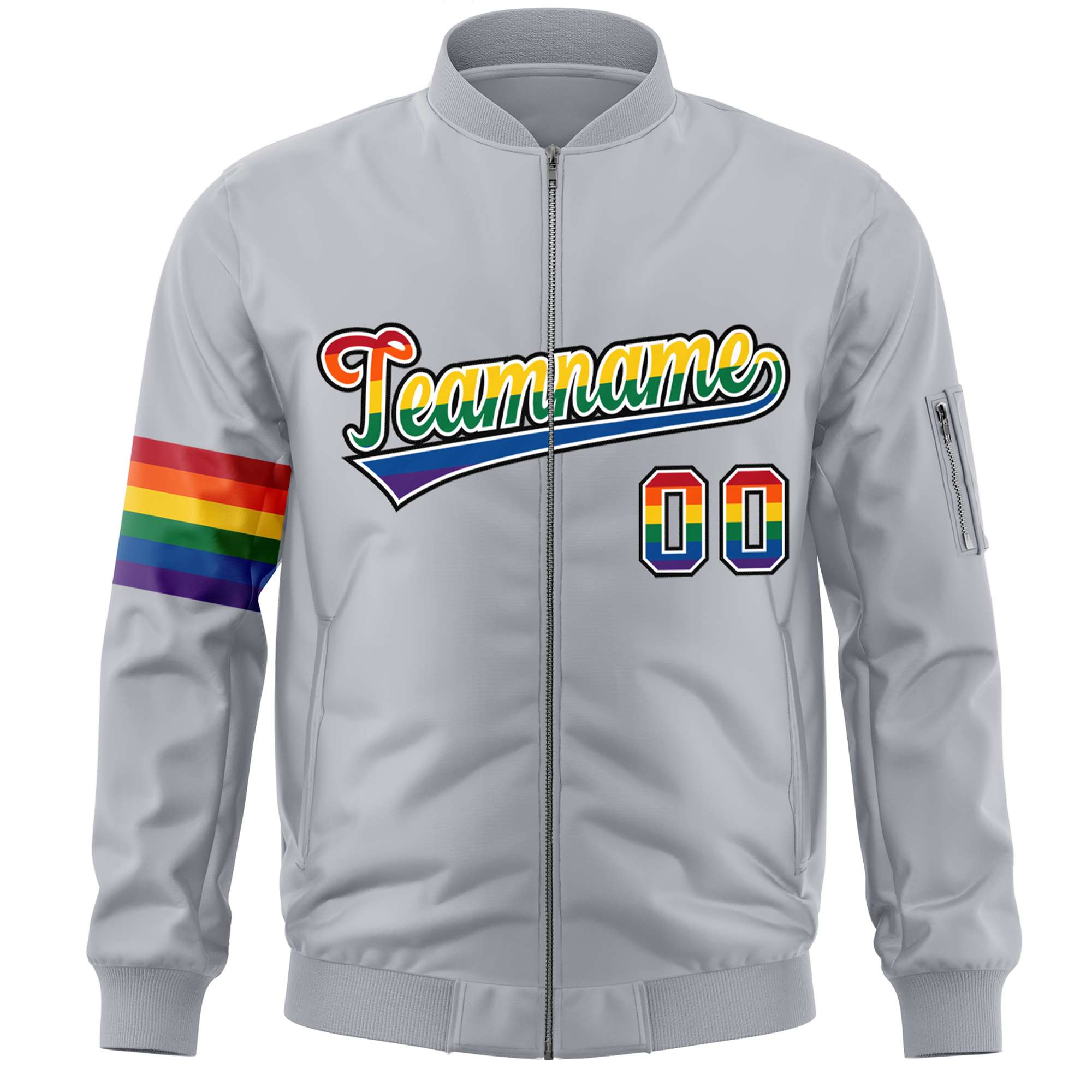 Custom Light Gray LGBT Rainbow For Pride Month Classic Style Letterman Bomber Jacket