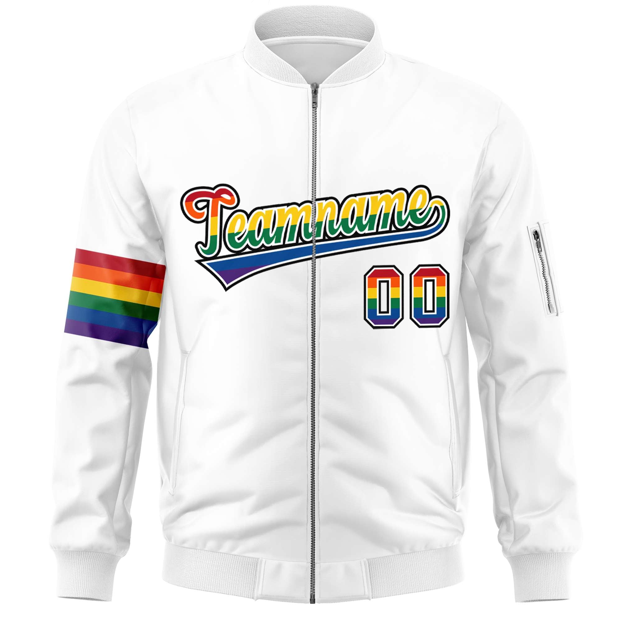 Custom White LGBT Rainbow For Pride Month Classic Style Letterman Bomber Jacket