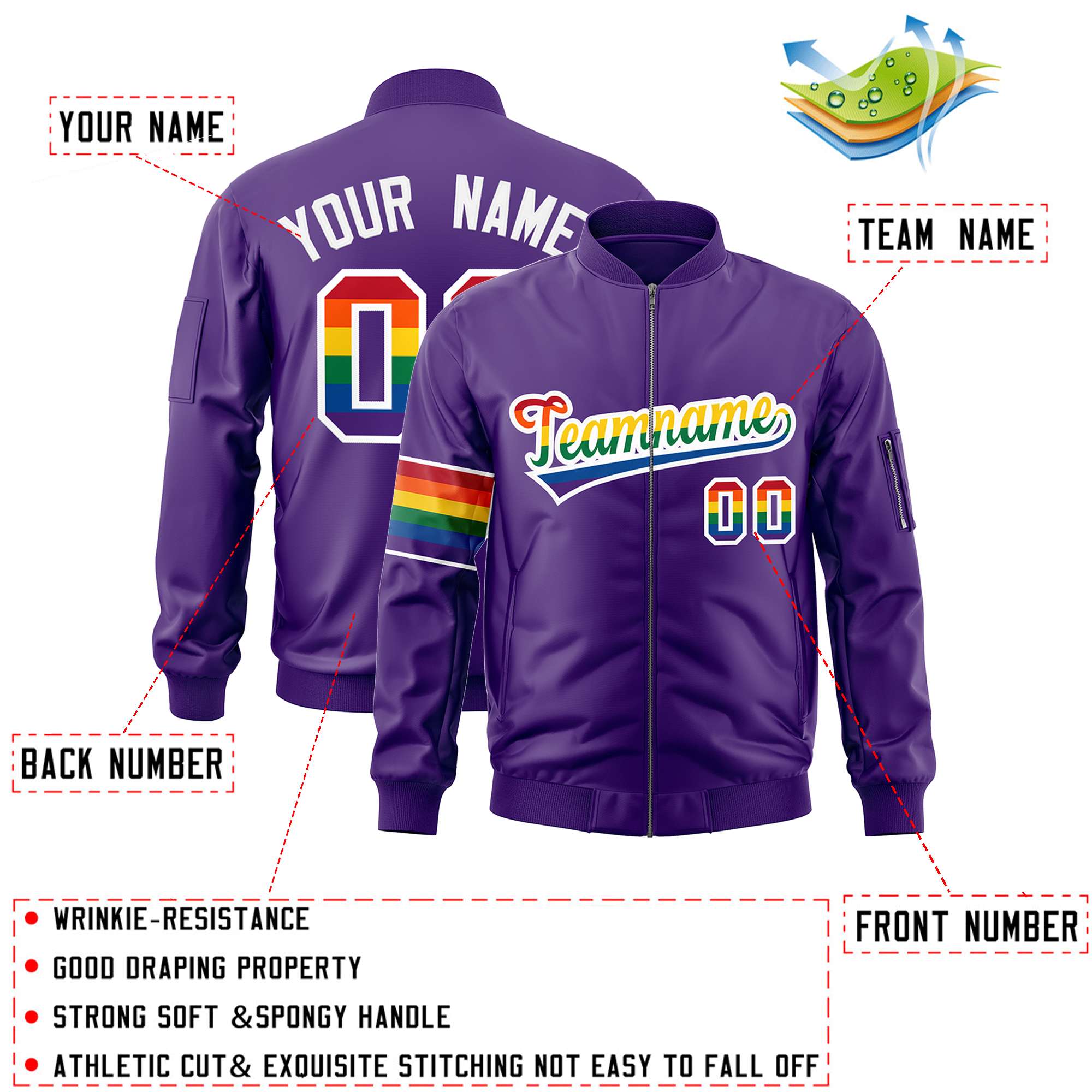 Custom Purple LGBT Rainbow For Pride Month Classic Style Letterman Bomber Jacket