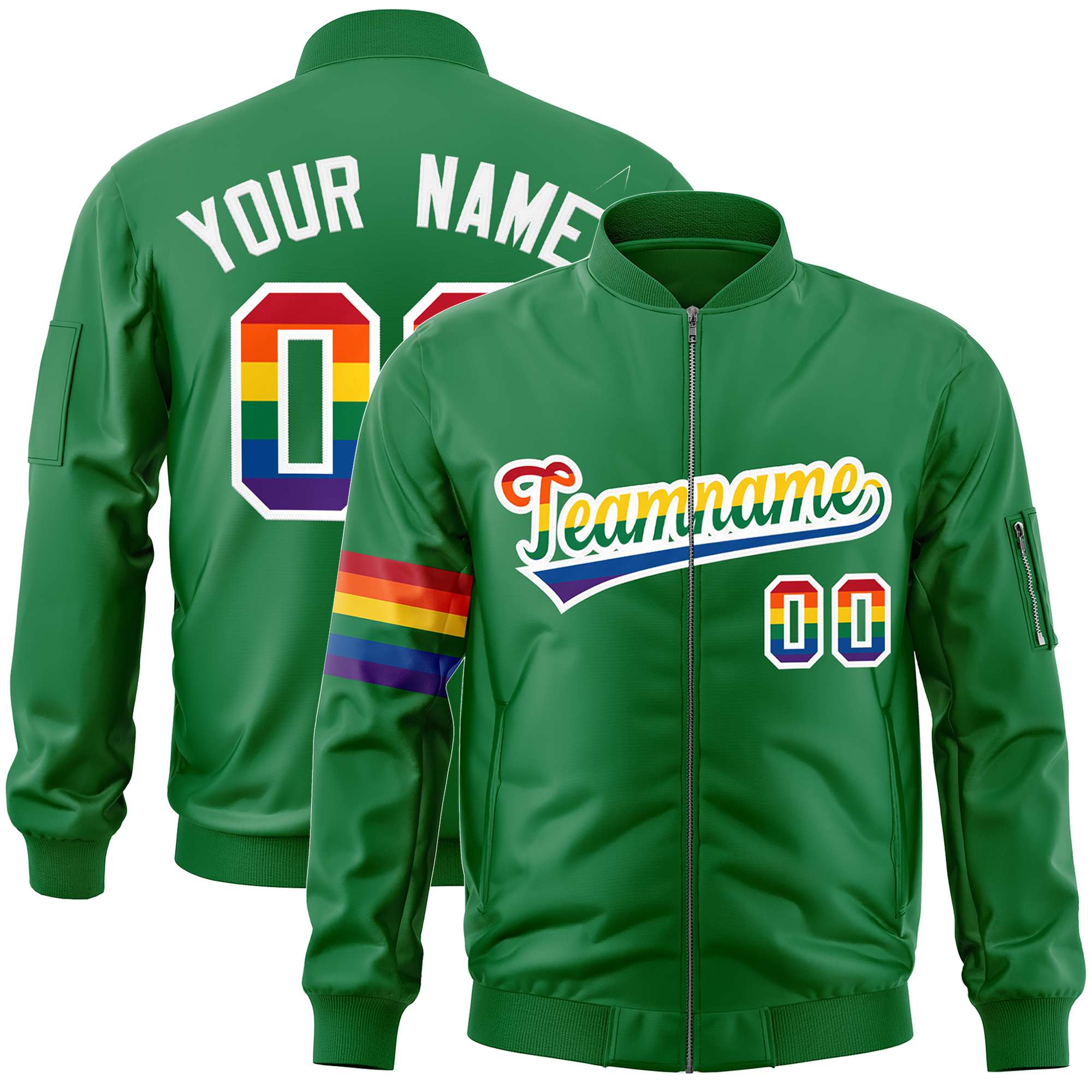 Custom Kelly Green LGBT Rainbow For Pride Month Classic Style Letterman Bomber Jacket