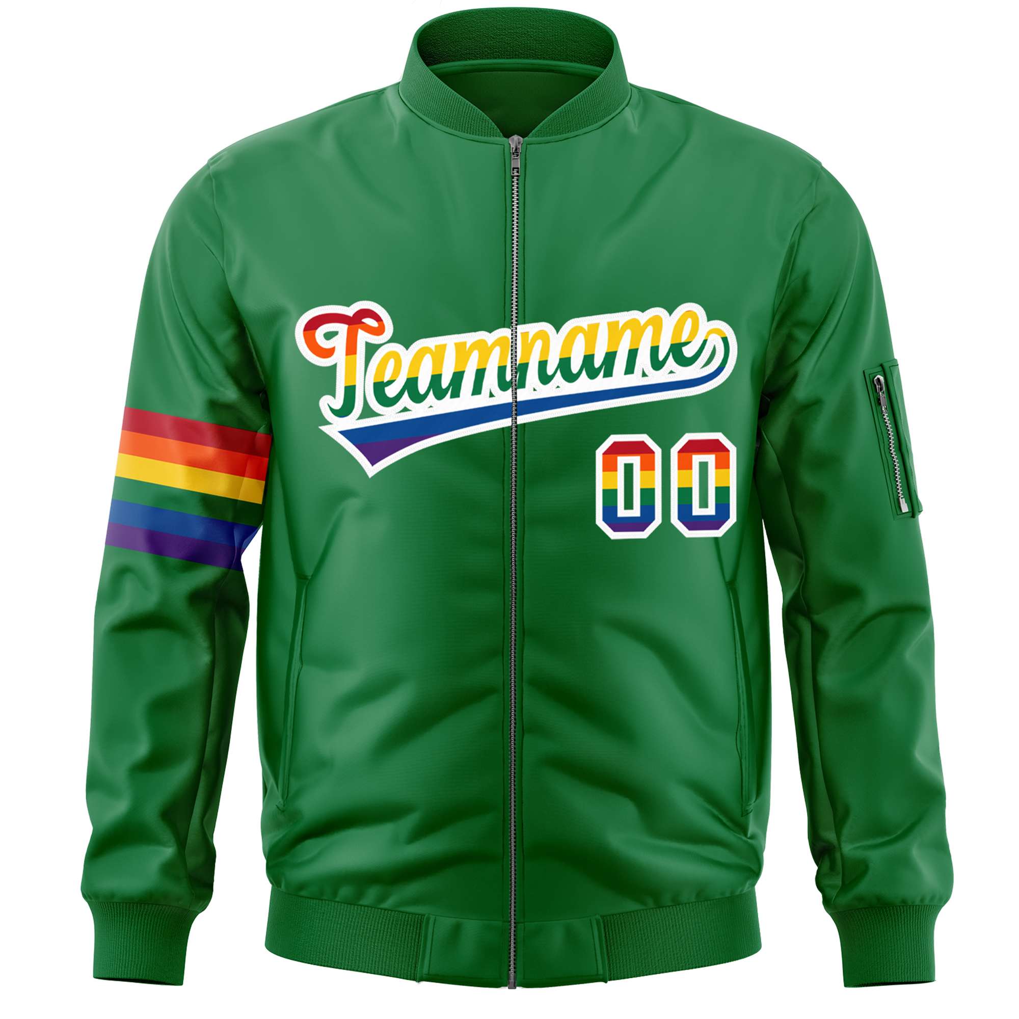 Custom Kelly Green LGBT Rainbow For Pride Month Classic Style Letterman Bomber Jacket