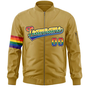 Custom Old Gold LGBT Rainbow For Pride Month Classic Style Letterman Bomber Jacket