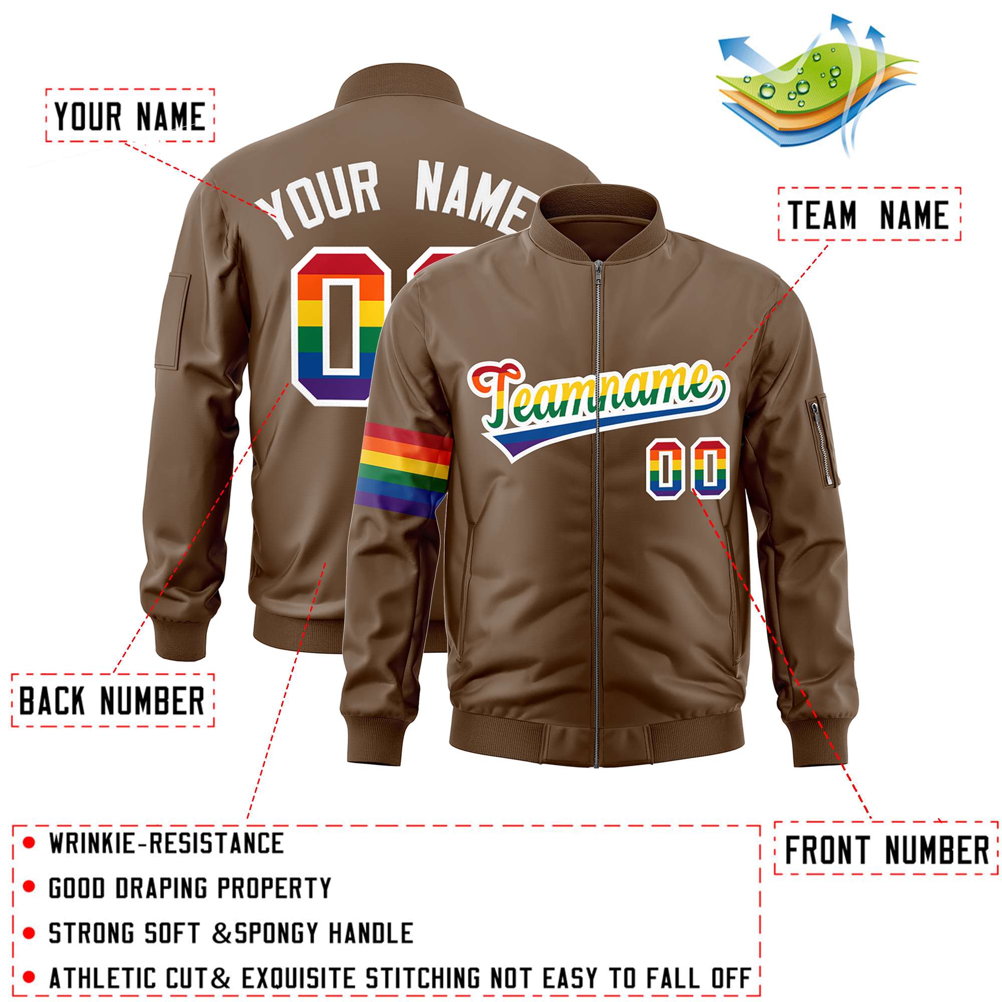 Custom Light Brown LGBT Rainbow For Pride Month Classic Style Letterman Bomber Jacket