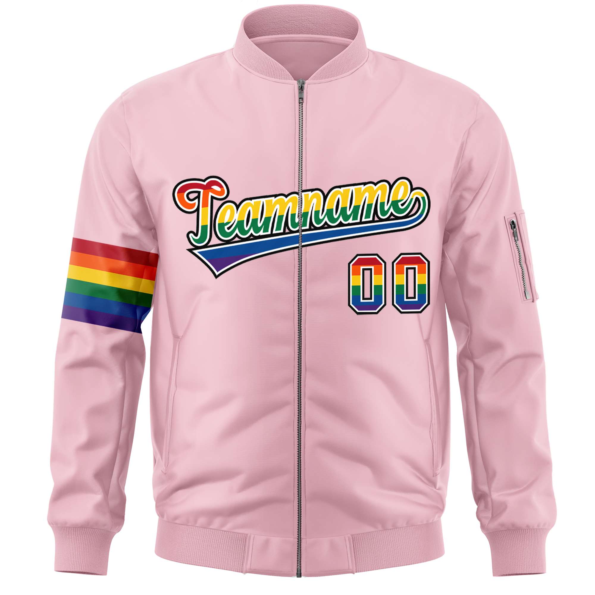 Custom Light Pink LGBT Rainbow For Pride Month Classic Style Letterman Bomber Jacket