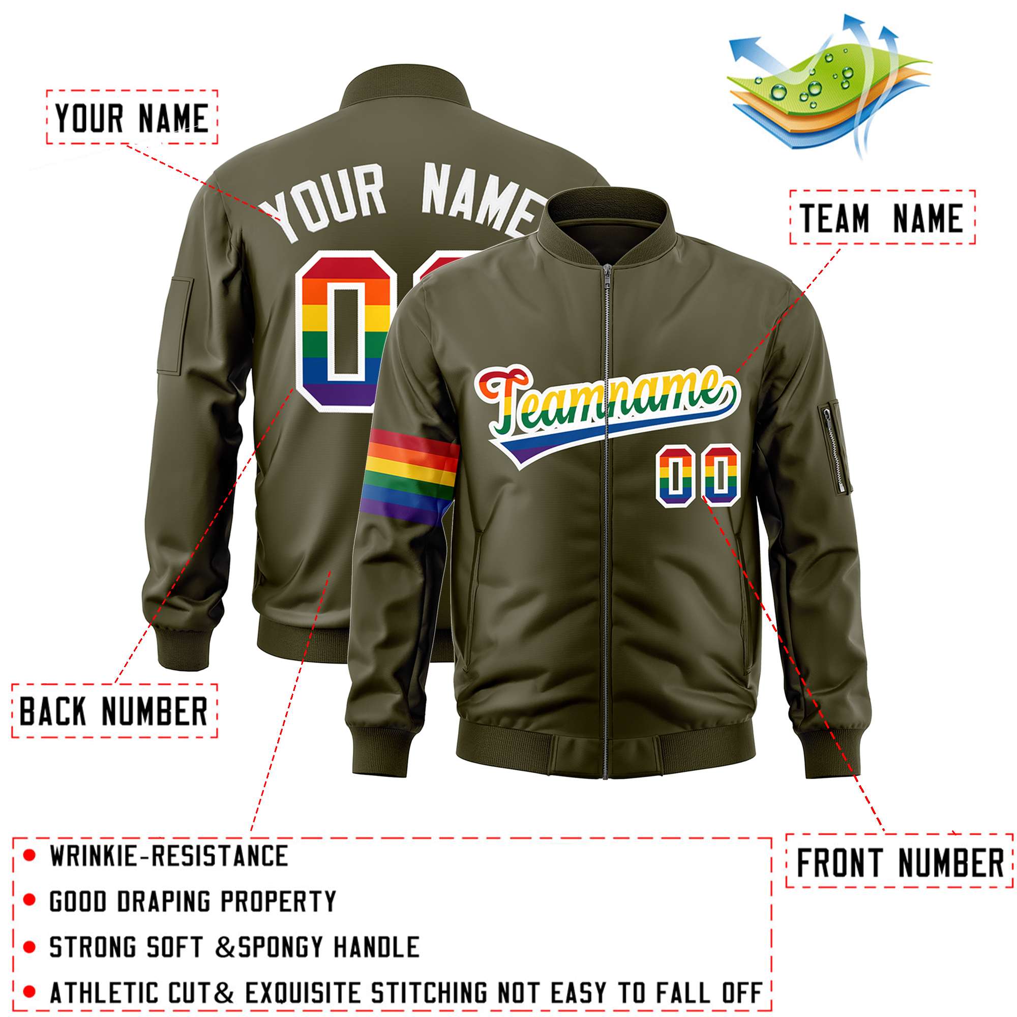 Custom Olive LGBT Rainbow For Pride Month Classic Style Letterman Bomber Jacket