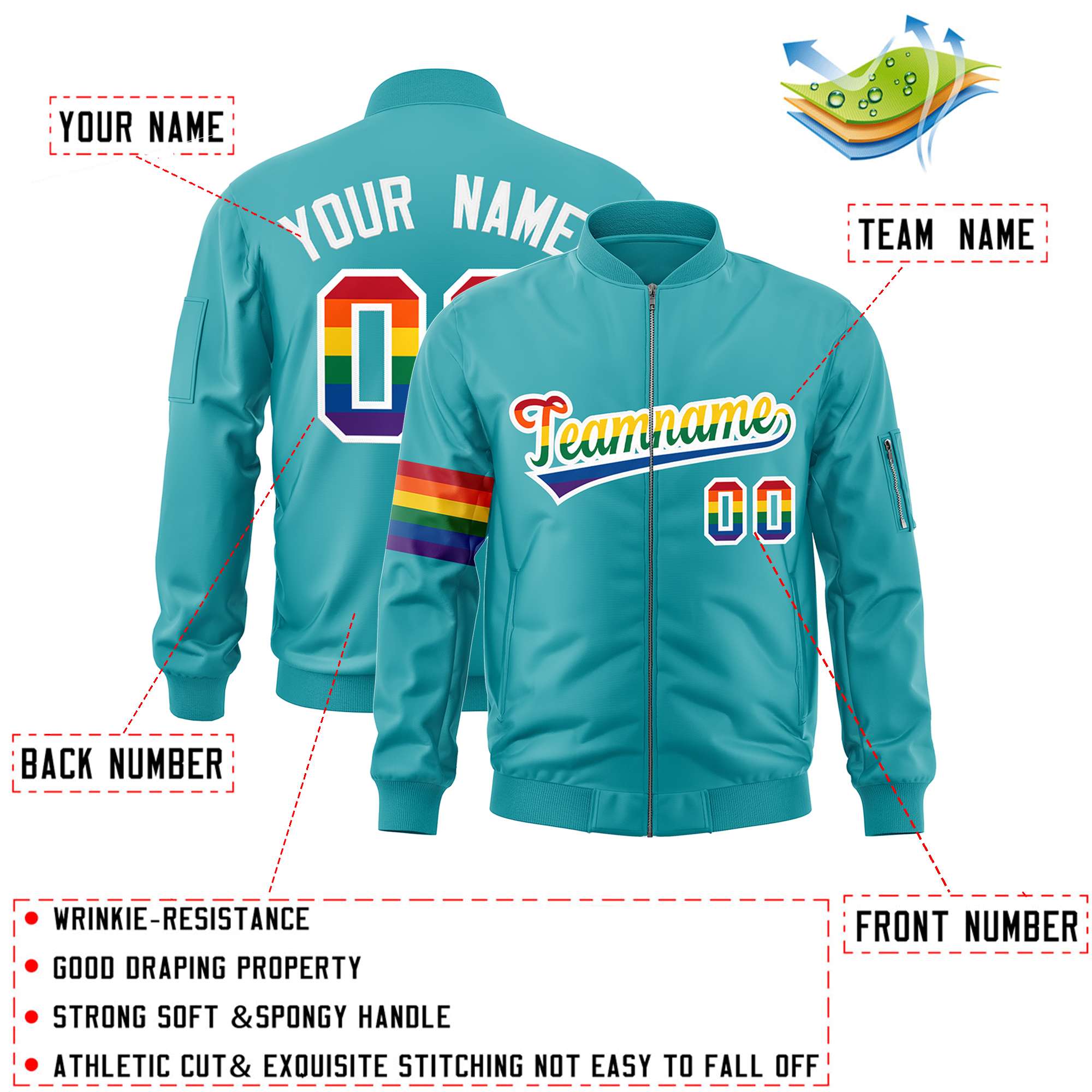 Custom Aqua LGBT Rainbow For Pride Month Classic Style Letterman Bomber Jacket