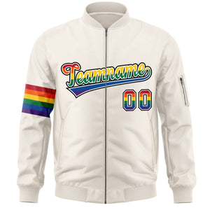 Custom Cream LGBT Rainbow For Pride Month Classic Style Letterman Bomber Jacket