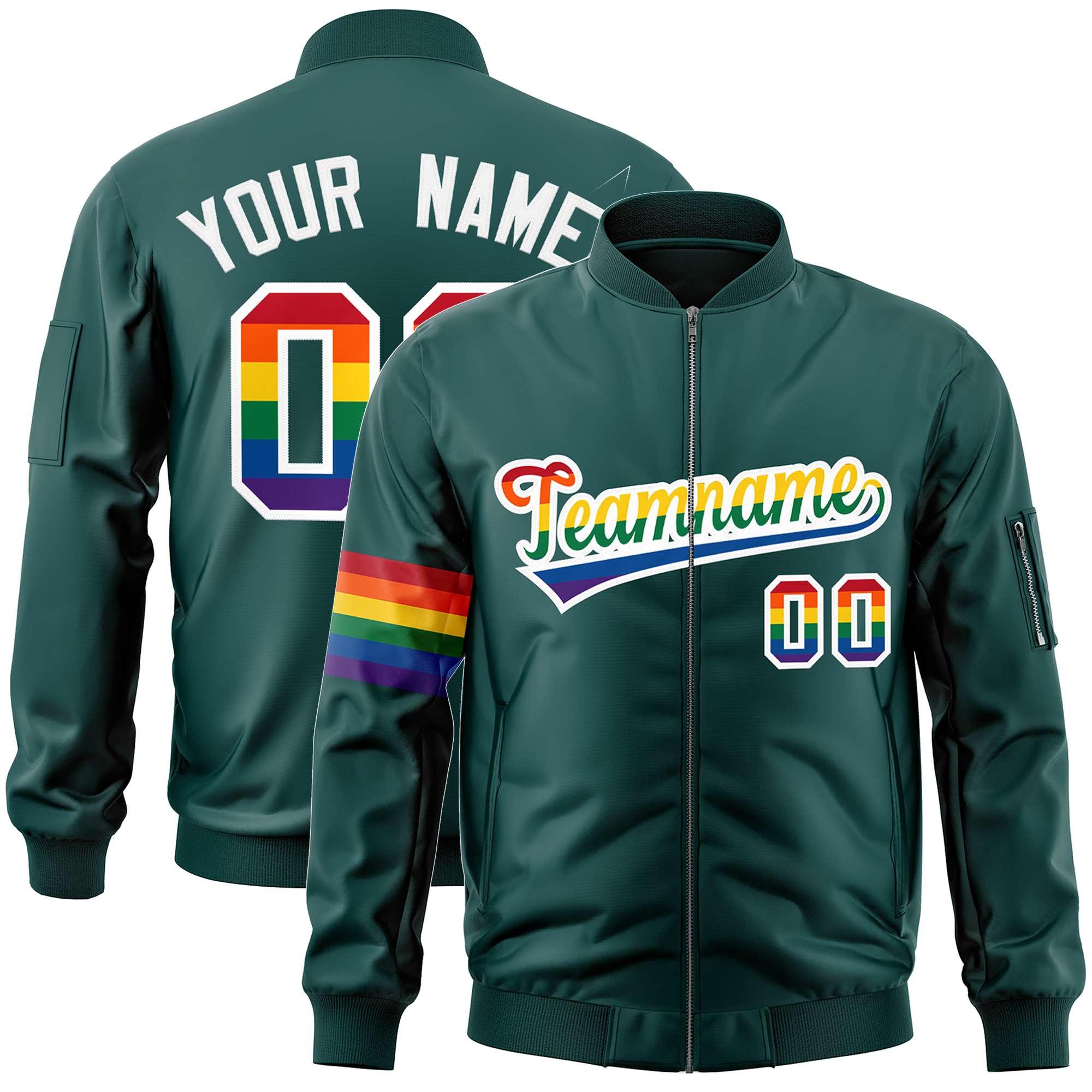 Custom Midnight Green LGBT Rainbow For Pride Month Classic Style Letterman Bomber Jacket