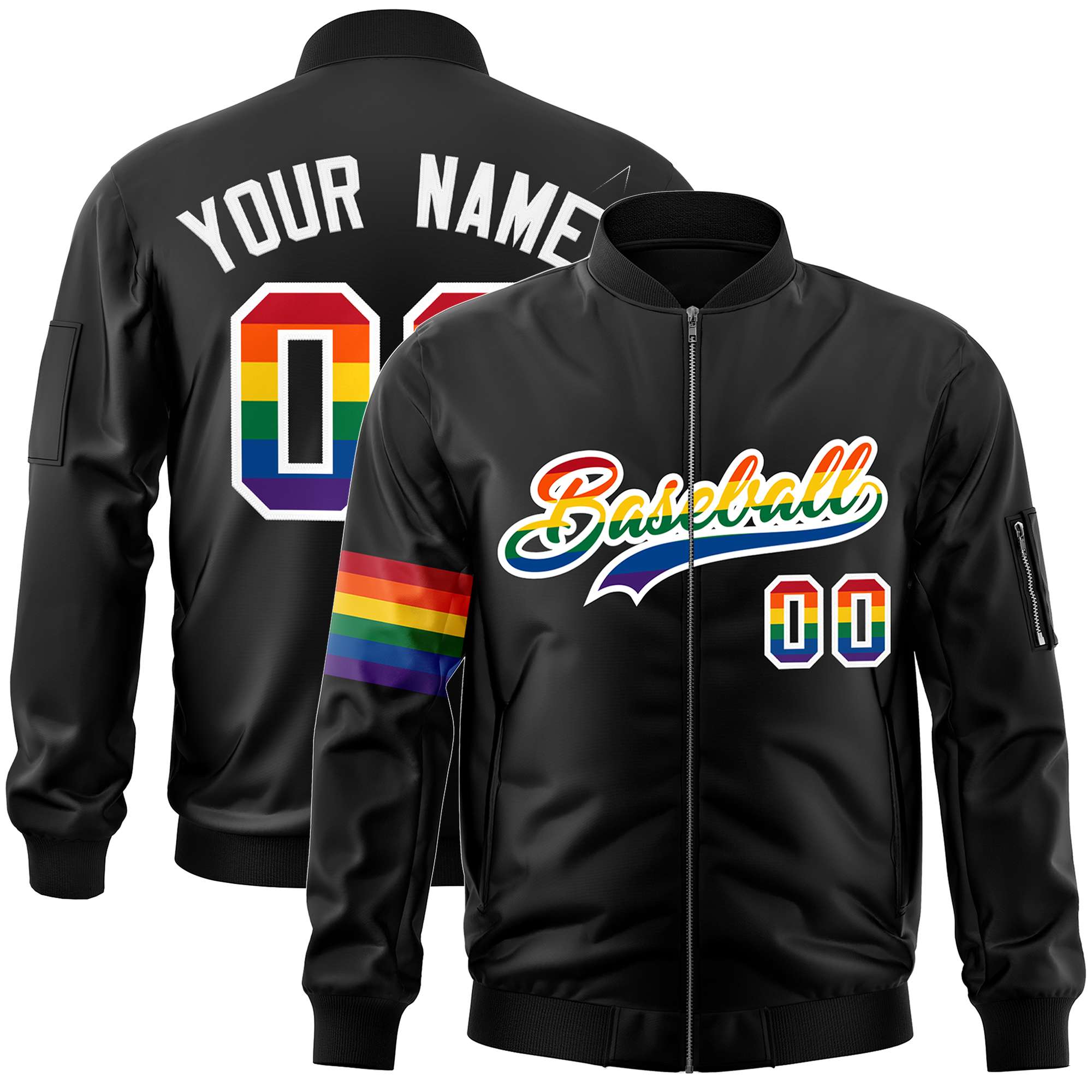 Custom Black LGBT Rainbow For Pride Month Classic Style Letterman Bomber Jacket