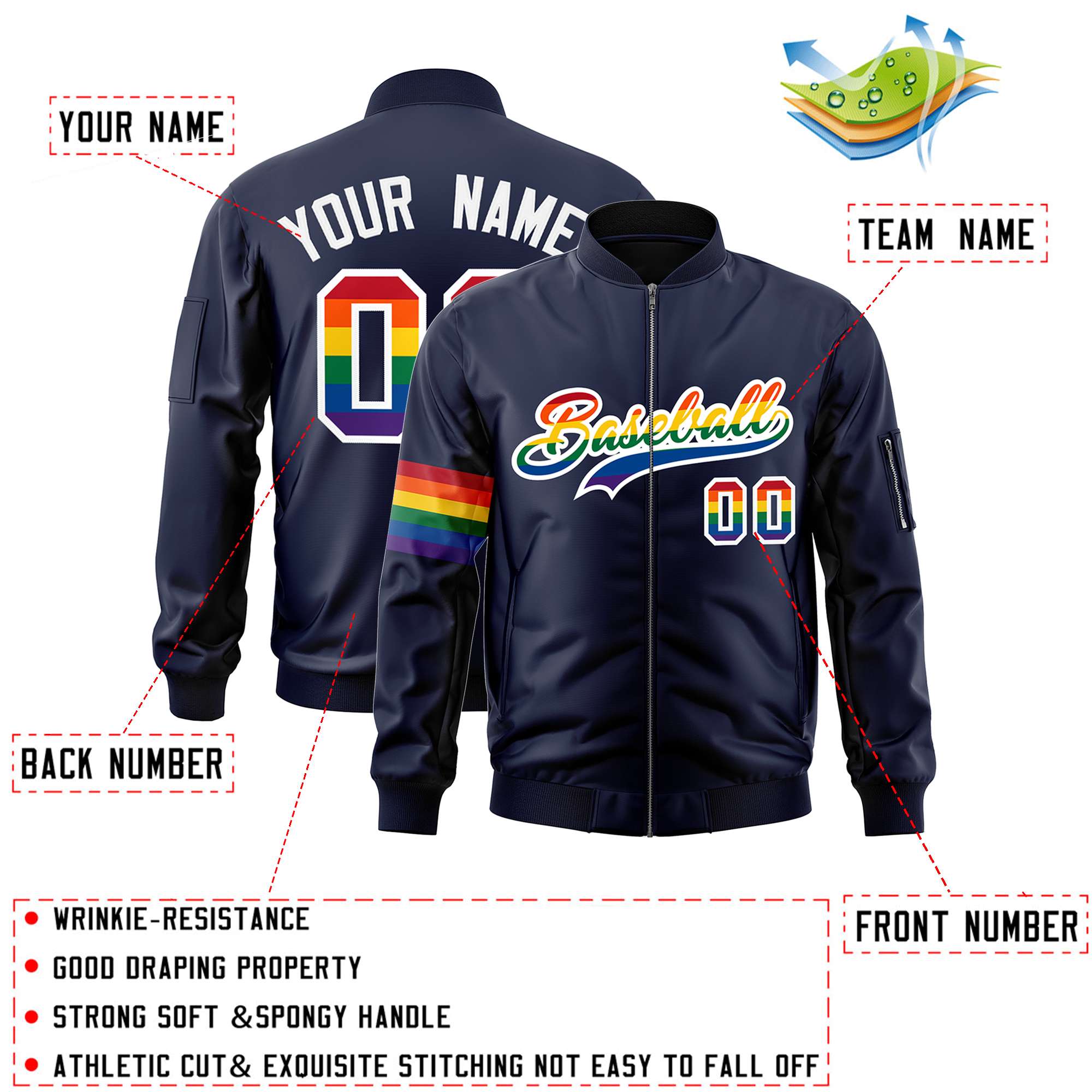 Custom Navy LGBT Rainbow For Pride Month Classic Style Letterman Bomber Jacket