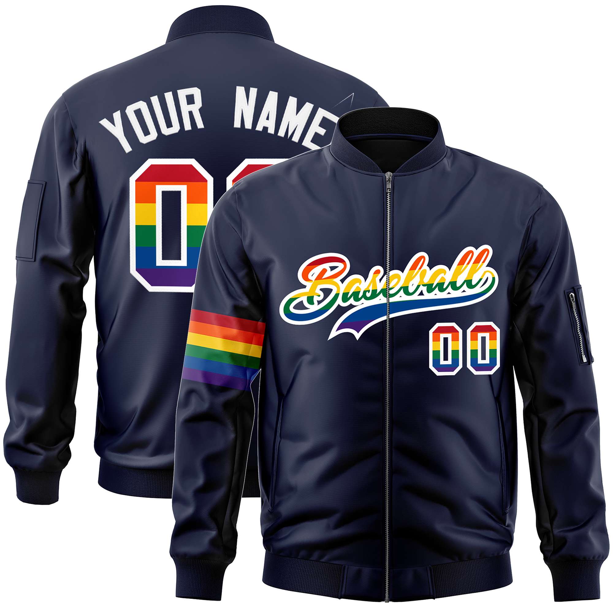 Custom Navy LGBT Rainbow For Pride Month Classic Style Letterman Bomber Jacket