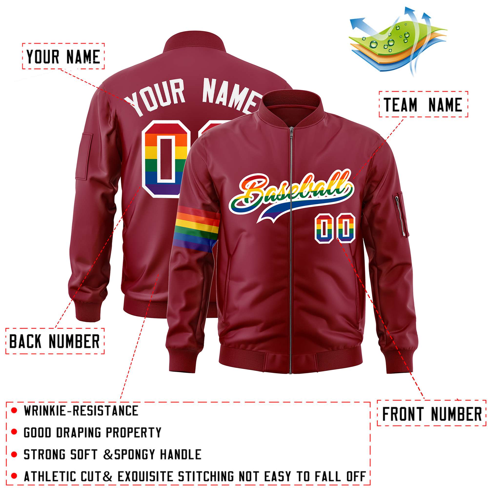 Custom Crimson LGBT Rainbow For Pride Month Classic Style Letterman Bomber Jacket