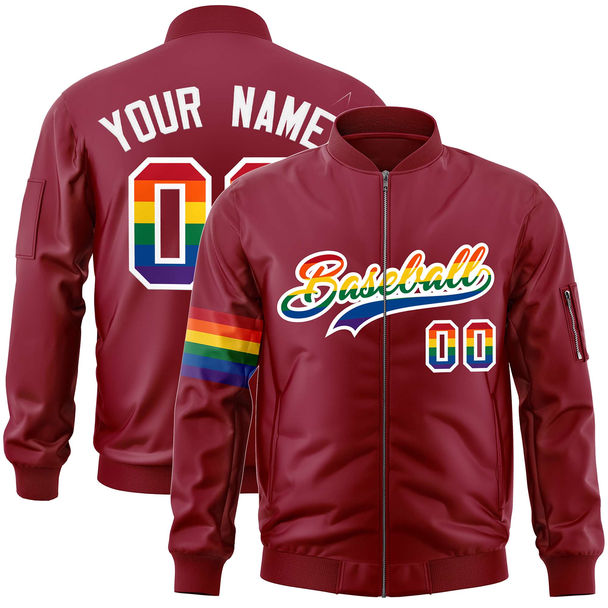 Custom Crimson LGBT Rainbow For Pride Month Classic Style Letterman Bomber Jacket