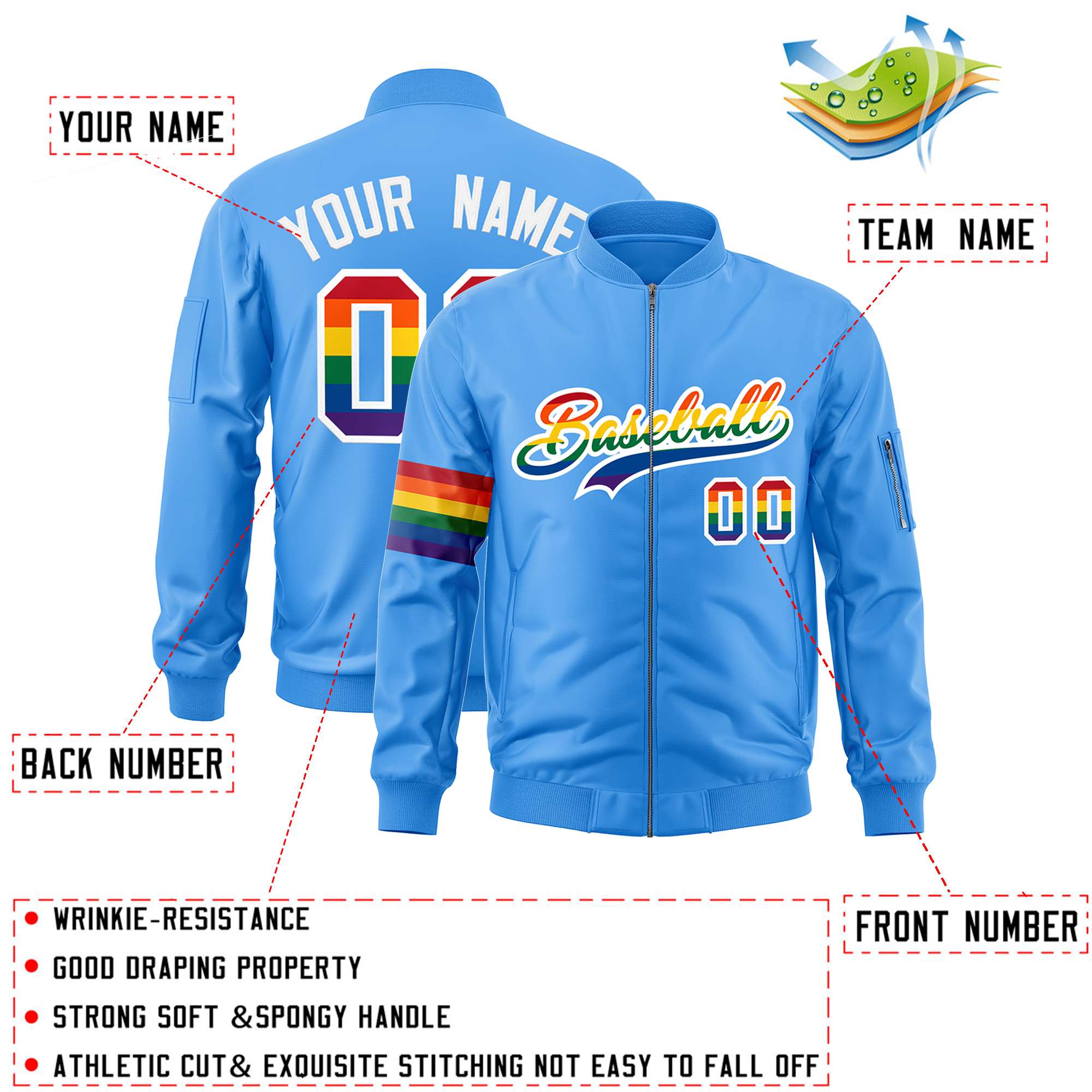 Custom Powder Blue LGBT Rainbow For Pride Month Classic Style Letterman Bomber Jacket