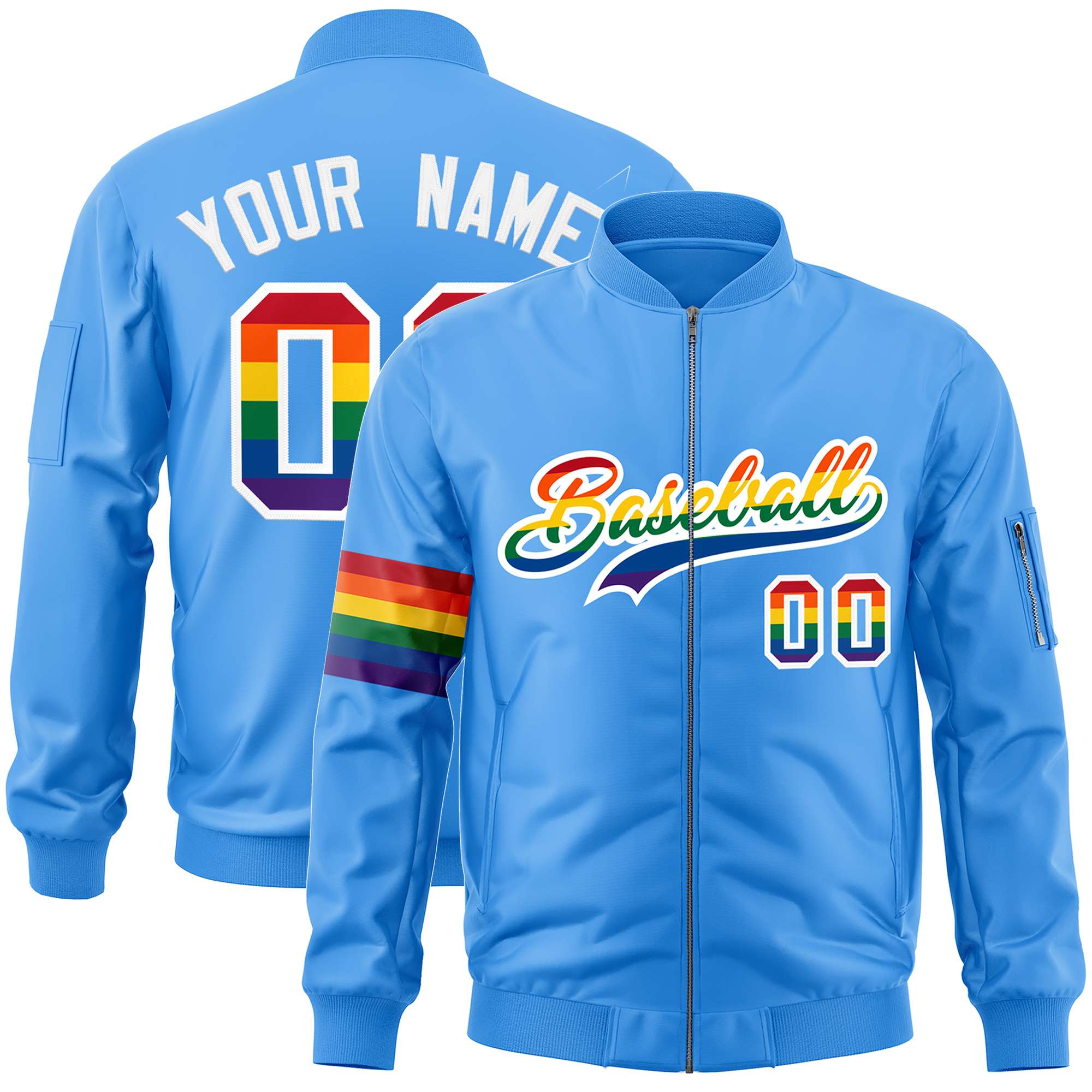 Custom Powder Blue LGBT Rainbow For Pride Month Classic Style Letterman Bomber Jacket