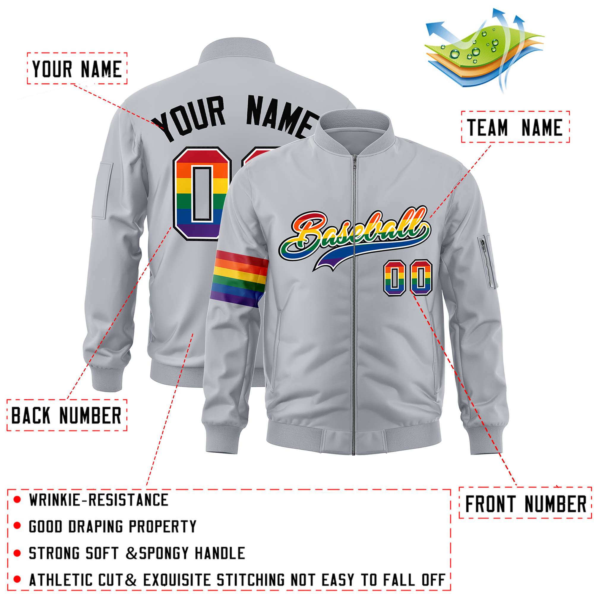 Custom Light Gray LGBT Rainbow For Pride Month Classic Style Letterman Bomber Jacket