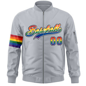 Custom Light Gray LGBT Rainbow For Pride Month Classic Style Letterman Bomber Jacket