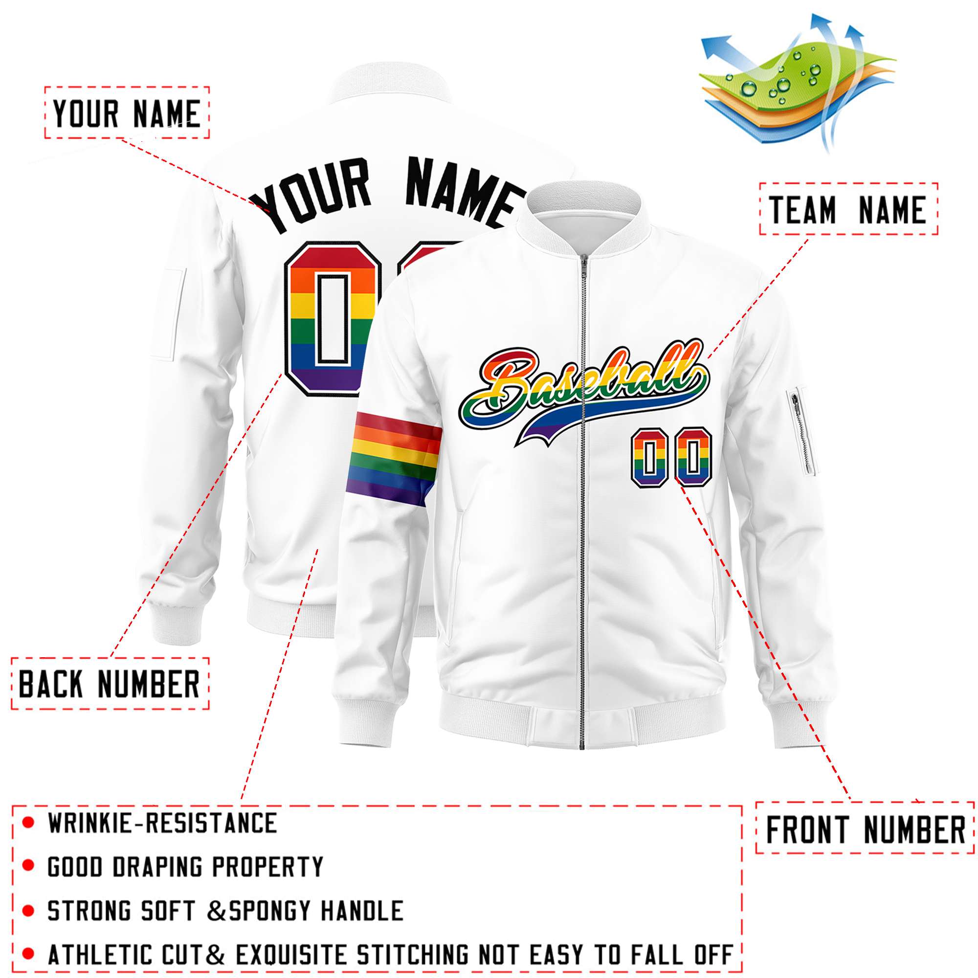 Custom White LGBT Rainbow For Pride Month Classic Style Letterman Bomber Jacket