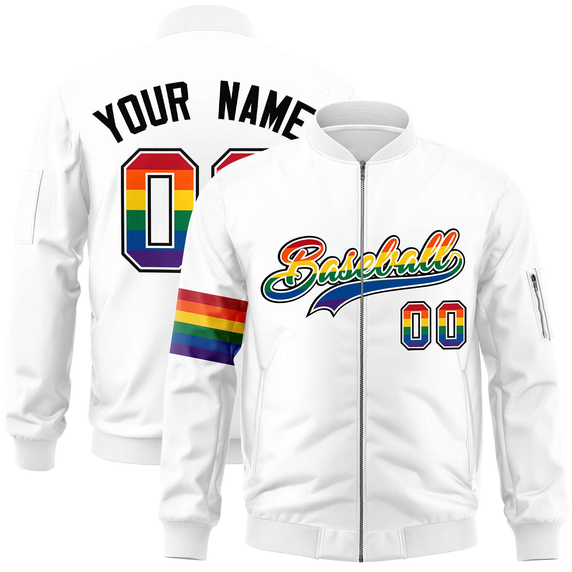 Custom White LGBT Rainbow For Pride Month Classic Style Letterman Bomber Jacket