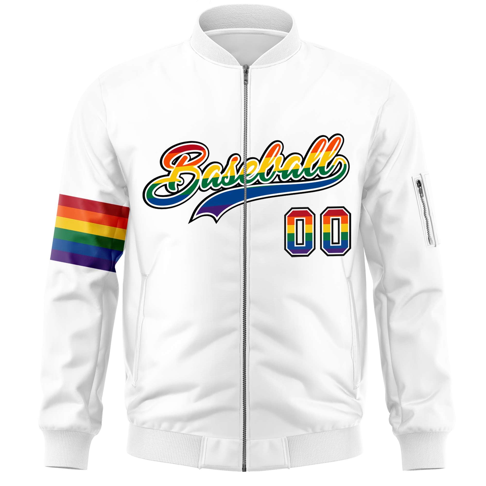 Custom White LGBT Rainbow For Pride Month Classic Style Letterman Bomber Jacket